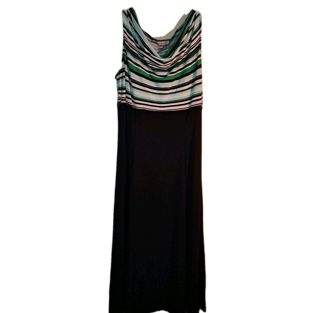 Danny & Nicole Maxi Dress Womens Size 8 Black Green Striped Cowl Neck Sleeveless